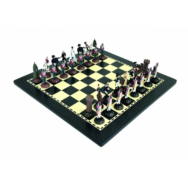 WATERLOO BATTLE II: Handpainted Chess Set with Wooden Ebony Style Chessboard