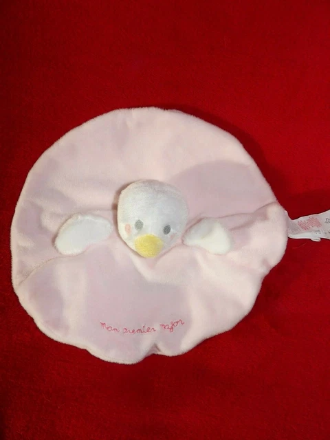 Doudou Plat Rond Sergent Major Poussin Oiseau Blanc Rose