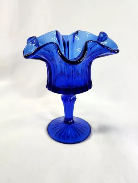 Fenton Cobalt Blue Glass Footed Compote Candy Dish Ruffled Edge 6.25"