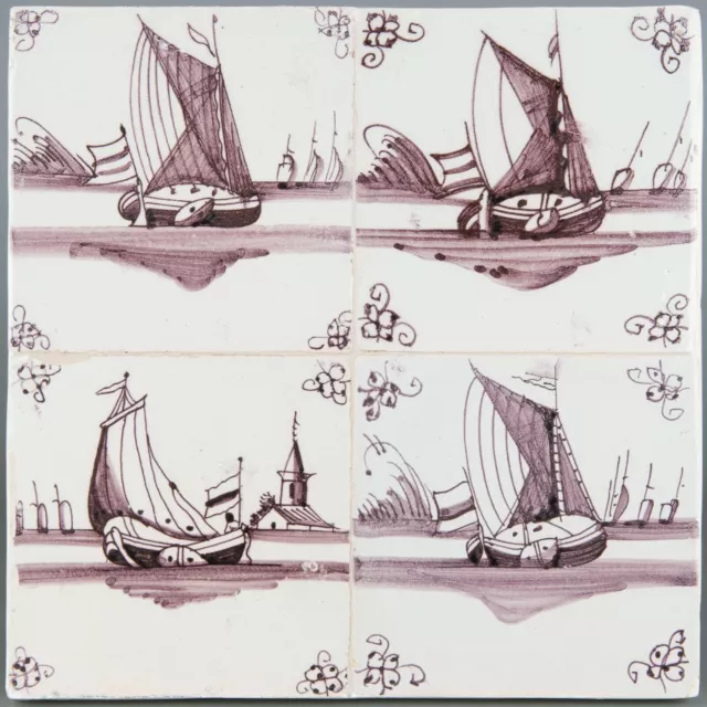 Nice Dutch Delft manganese tile panel, sailboats, circa 1800.