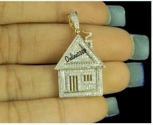 Mens Small House Charm Pendant 1ct VVS Moissanite 14k Yellow Gold Plated Silver