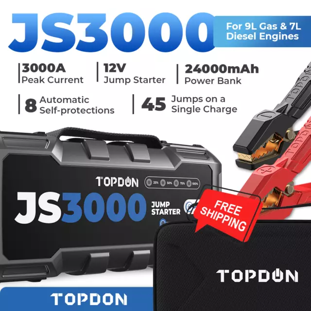 TOPDON JS3000 12V Portable Car Jump Starter 3000A 24000mAh Battery Booster Pack