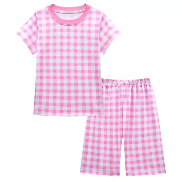 Kids Girls Pink Plaid Print Outfit Sleeping Top And Pants Set Photography Soft