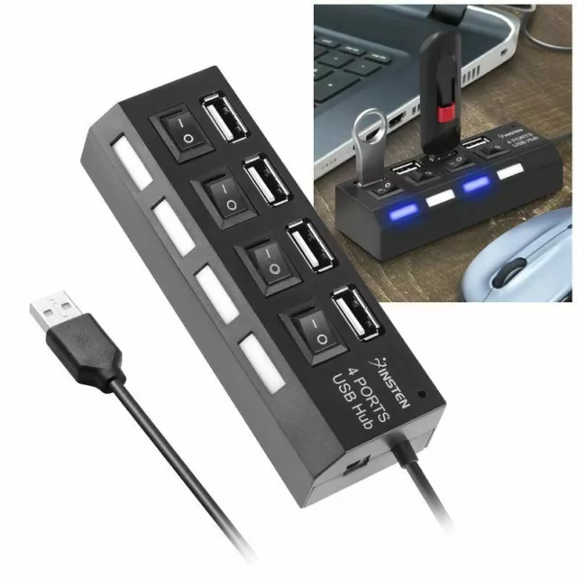 4 Port USB 2.0 High Speed Hub Powered Splitter ON/OFF Switch Power Adapter