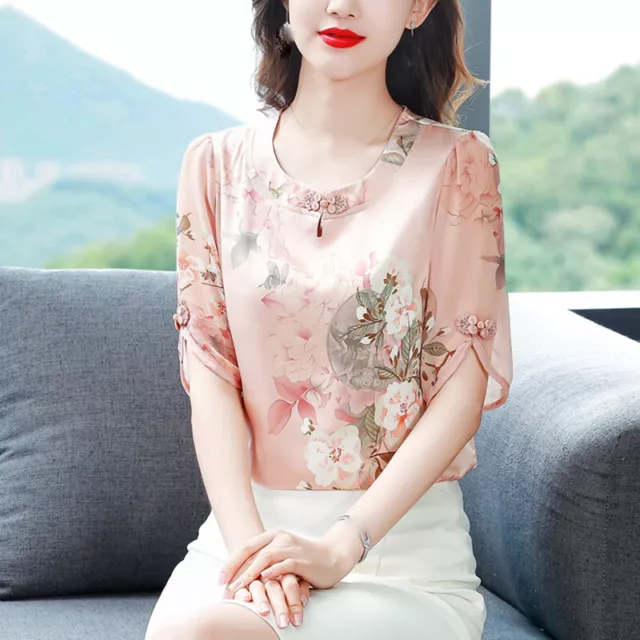 Donna Finta Seta Top Manica Corta Camicia Sciolto Stile Cinese Floreale Estate