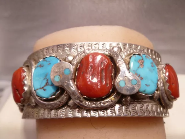 Native Effie C Zuni Coral Turquoise rattle Snake Sterling Silver Cuff Bracelet