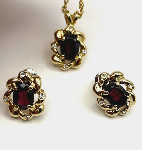Garnet Necklace With Pierced Earring Set Red Stone Gold Tone