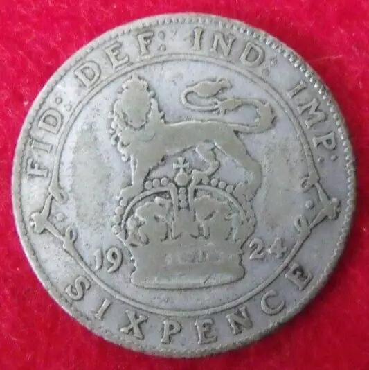 1924 GEORGE V SILVER SIXPENCE  ( 50% Silver )  British 6d Coin.   264 2