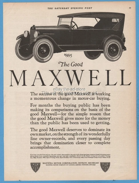 1923 Maxwell Motor Corp Detroit MI Touring Car $885 antique automobile print ad