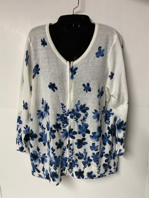 Rebecca Malone Womens Blue and White Floral Zip Up Sweater Size Large