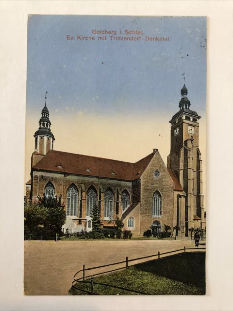 Goldberg in Schles. Ev. Kirche mit Trotzendorf Denkmal. 1928. Złotoryja Polen