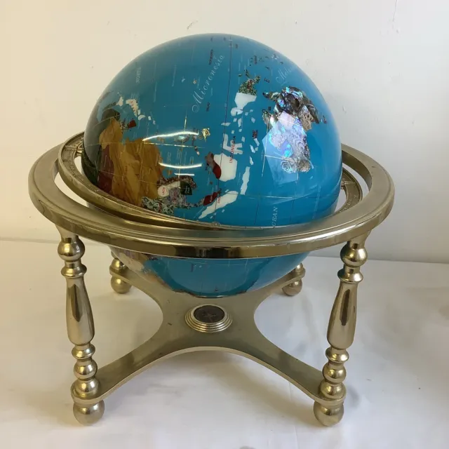 Large Vintage Rotating World Globe with Brass Stand and Compass