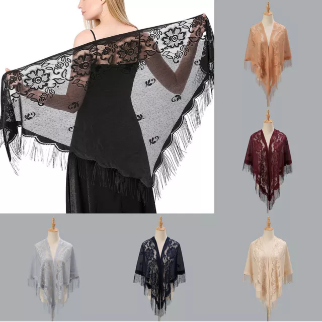 Crochet Floral Lace Tassels Triangle Scarf Sheer Hollow Out Breathable Scarves ~