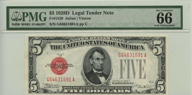 1928D $5 Legal Tender Note Red Seal Fr# 1529 PMG Gem66 EPQ
