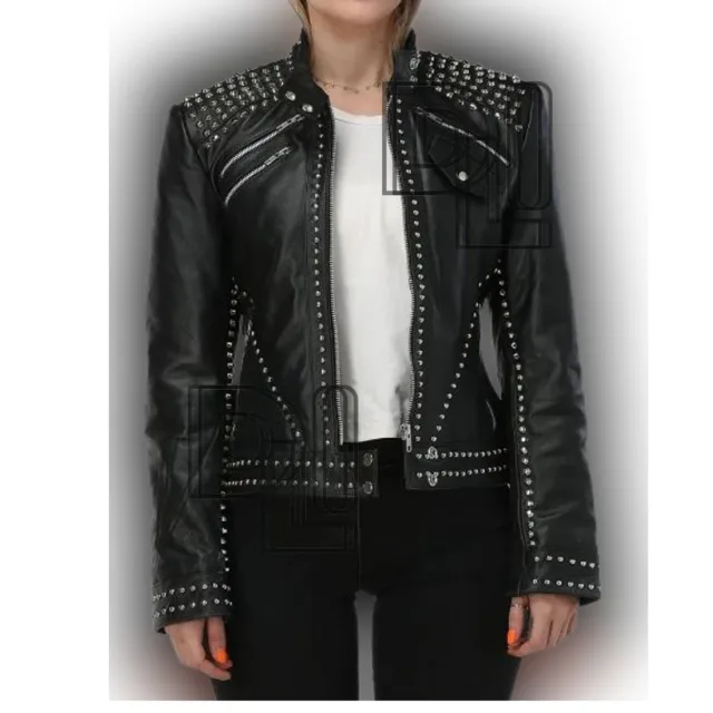 Handmade Black Women Silver Studded Genuine Lambskin Pure Leather Jacket
