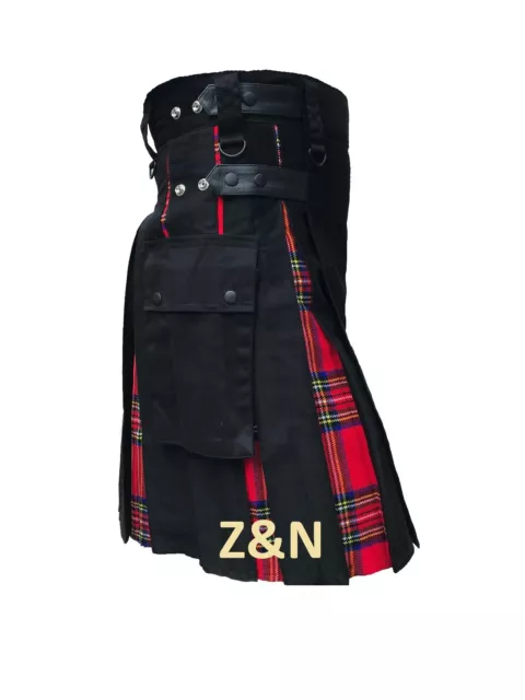 Men's Hybrid Black Cotton & Royal Stewart Tartan Utility Kilt, Leather Straps