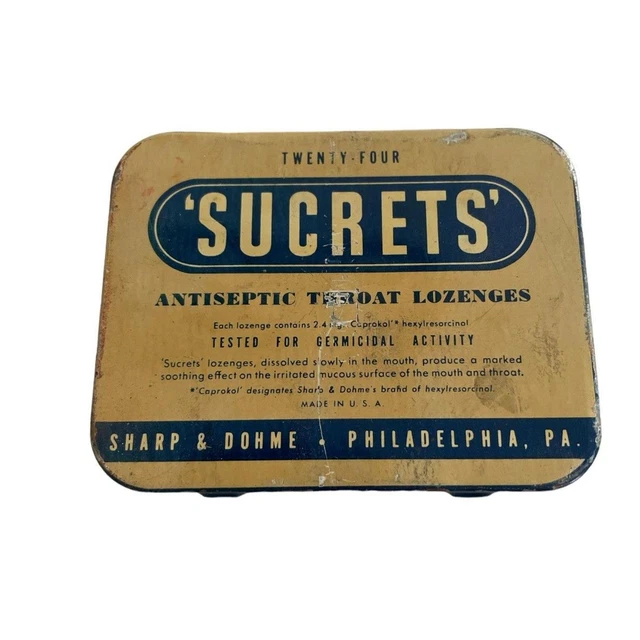 Sucrets Tin Empty 24 Tablet Blue Vintage 1940s Apothecary Military Trunk