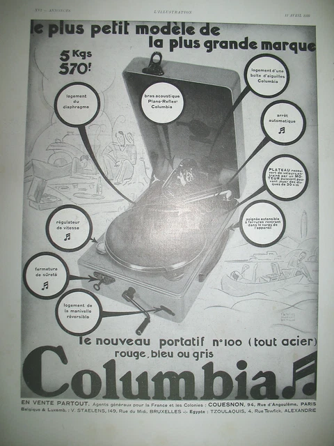 Columbia Press Advertisement Portable Gramophone #100 Steel French Ad 1930