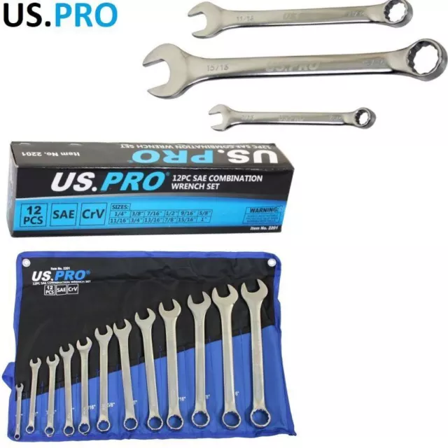 Us Pro Tools 12pc Sae / Af Imperial Combination Spanner Wrench Set 1/4 - 1" 2201