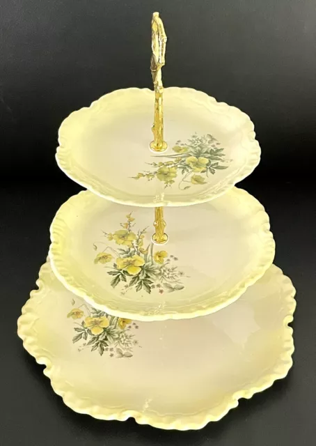 Stunning exquisite 3-tiered plate stand, hand-painted plates, yellow floral