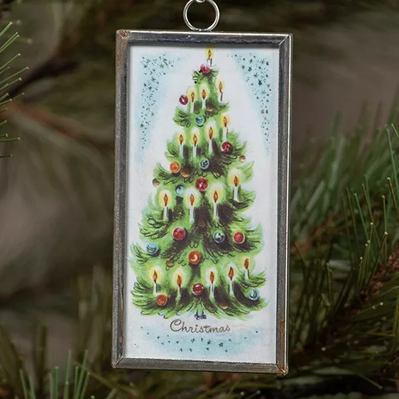 5" Glass Metal Framed Christmas Tree 50s 60s Retro Vntg Image Ornament Decor