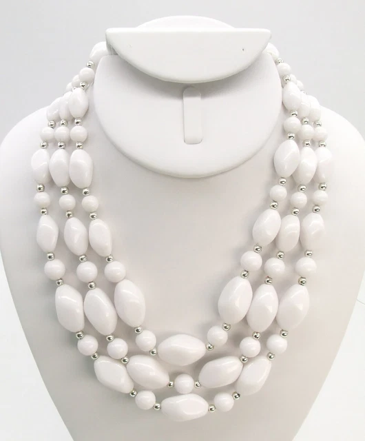 18" Multi-strand Silver Tone Round & Baroque White Lucite Bead Choker Necklace