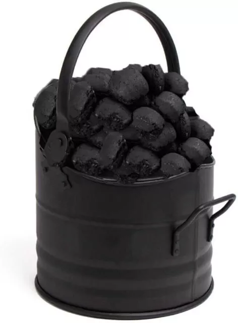 Round Coal Hod Scuttle Fireplace Ash Bin Black Iron Bucket Fire Log Wood Storage