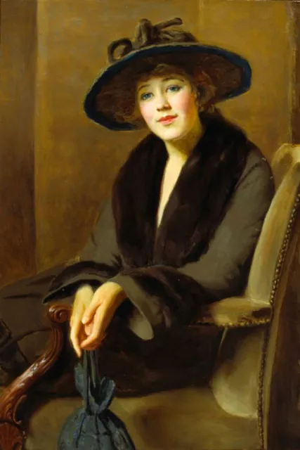 Beautiful large Oil painting female portrait young woman seated with black hat
