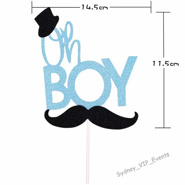 Oh Boy Baby Shower Party Cake Topper Moustache Glitter Blue Pick Decoration