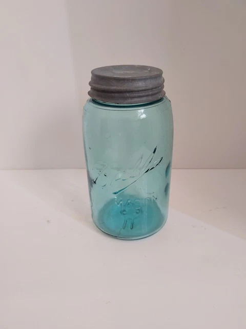 VINTAGE Ball Mason Jar Blue Glass Quart Antique. 7in tall