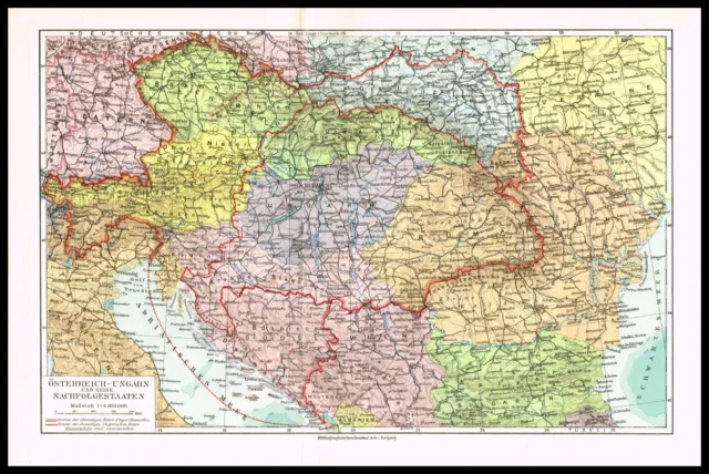 Austro-Hungarian Empire, Balkans, Detailed Antique German Map - Meyers 1920's