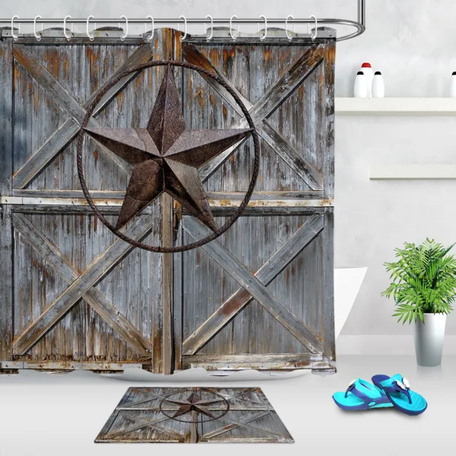 Gray Rustic Barn Wood Door Texas Star Fabric Shower Curtain Set Bathroom Decor