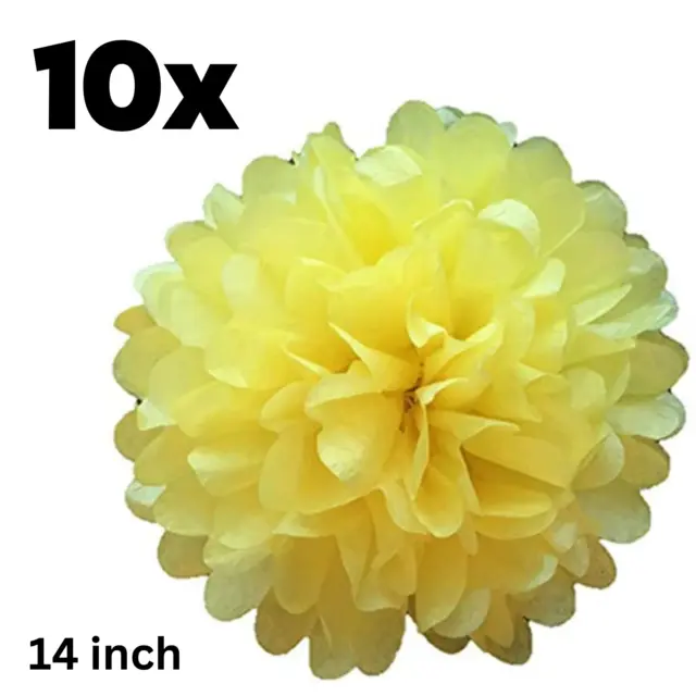 10 Pack Tissue Paper Yellow Flower Ball Pom Pom Party Decor Indoor Outdoor, 14in