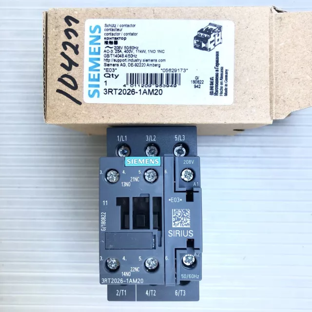 Siemens 3Rt2026-1Am20 Contactor 208V, 50/60Hz, Ac-3 25A, 400V, 11Kw, 1No, 1Nc