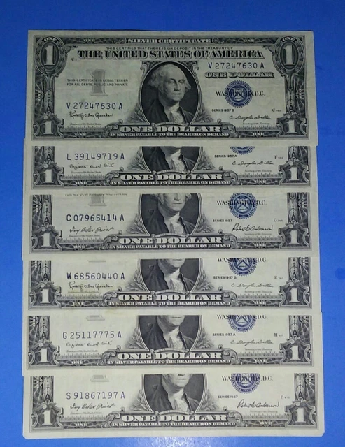 1957/A/B $1 SILVER CERTIFICATES,(2) Each(6)NOTES,BLUE SEALS, CRISP VF/XF, NICE !