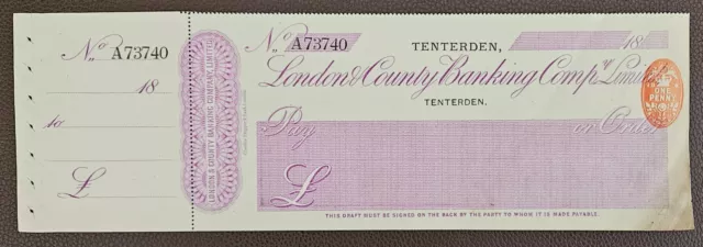 1888 London & County Banking Co., Tenterden Branch, Unused Cheque with Stub