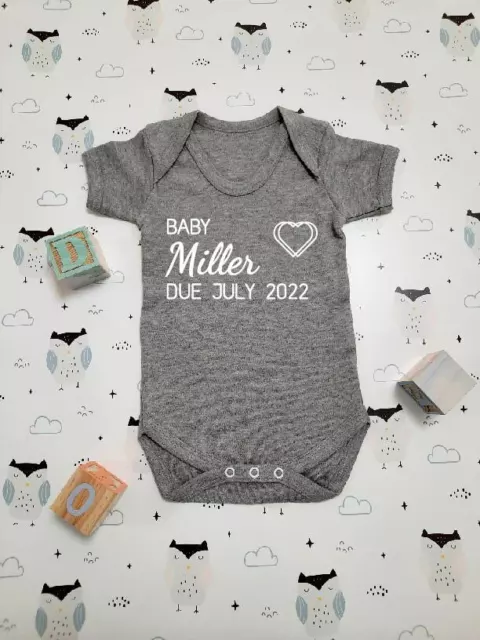 Personalised Baby Vest Baby Grow Bodysuit New Baby Gift Due Date Name Hearts