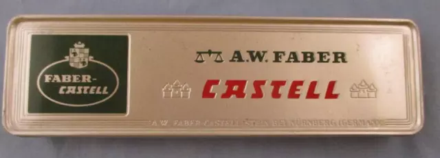 Vtg Lot of 12 A.W. Faber Castell Pencils in Metal Box Germany 2H H 4H 9611 Green