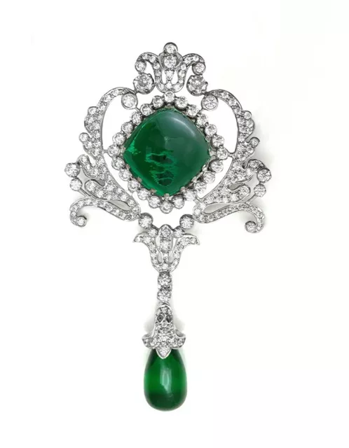 Victorian Syn Emerald Drop Brooch 925 Fine Silver Mid 19th Century High Jewelry