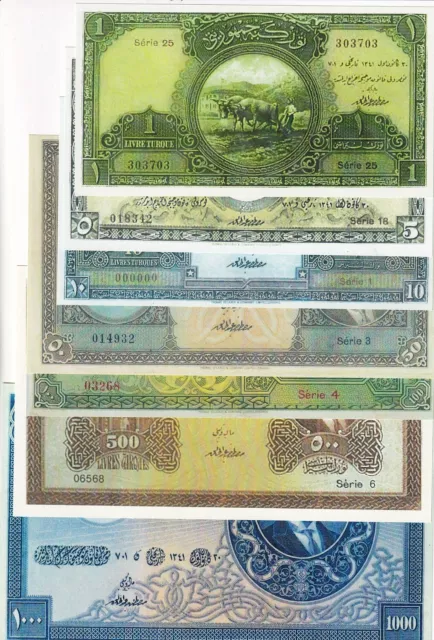 Turkey, 1-5-10-50-100-500-1.000 Lira, 1927, UNC, 1.Emission, COPY