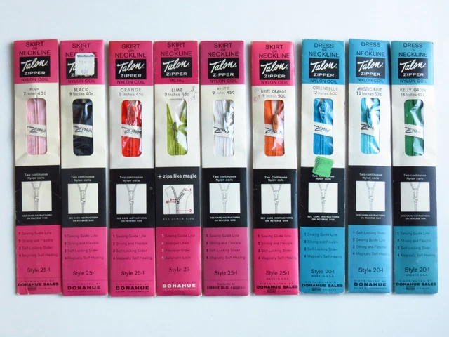 LOT of 9 Talon Zippers, Nylon / Metal, 7-14 in, Vintage NEW 20-1 25, 25-1