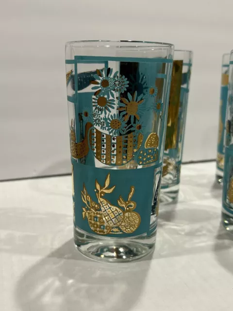 Tall Vintage Drinking Glasses Tumbler Turquoise/Gold Sunflower Pineapple 8pc