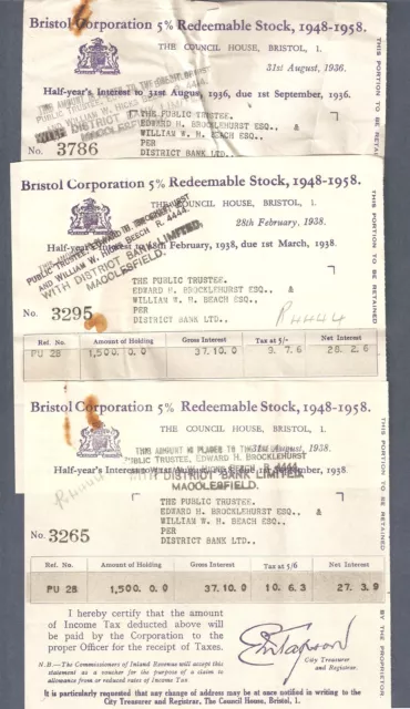 3x Three Bristol Corporation 5% Redeemable Stock 1948-58 Dividend Certificates