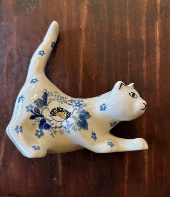 Vintage Blue & White Floral Porcelain 4” Ceramic Cat Figurine