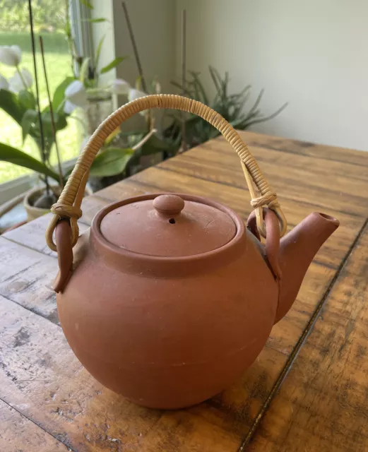 Old Chinese Yixing Zisha Red Clay Terracotta Teapot bamboo handle approx 8"H vtg
