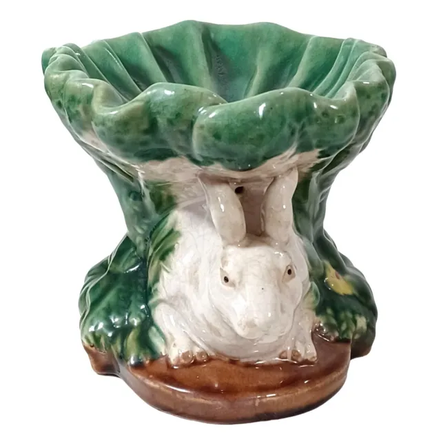 Vtg Mid Century Italian Majolica Clay Pottery Rabbits Compote Centerpiece Bowl 3