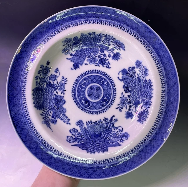 10 1/8" LARGE Antique Chinese Qing Dynasty Blue Fitzhugh Shallow Bowl 19th C. A5