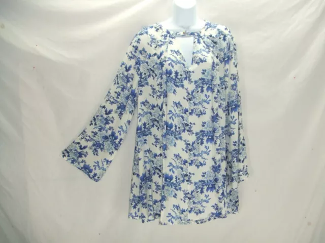 NWT En Creme Size L~Blue White Floral Keyhole Tunic Dress~Rayon~Bell Sleeves~D4