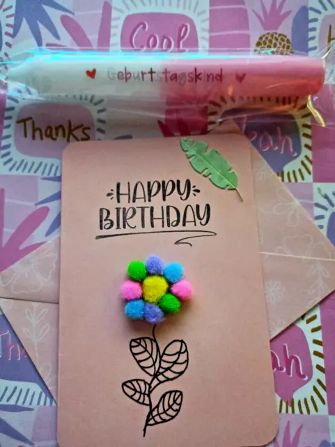 Geburtstagskarte mit Umschlag Mädchen + Stabkerze mit Spruch Handarbeit Unikat