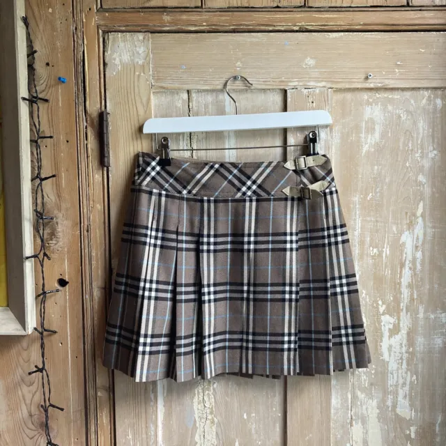 Burberry Mini Skirt Beige Blue Check Nova Pleated Leather Buckle Size S UK 8